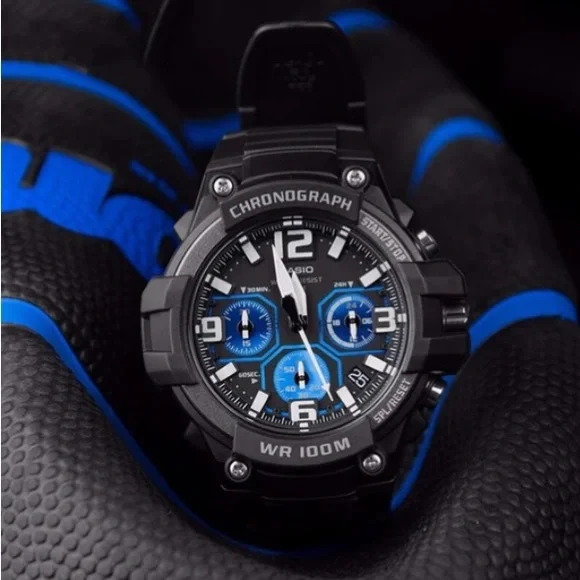 Casio MCW-100H Black and Blue Chronograph Timepiece - Picture 4 of 5